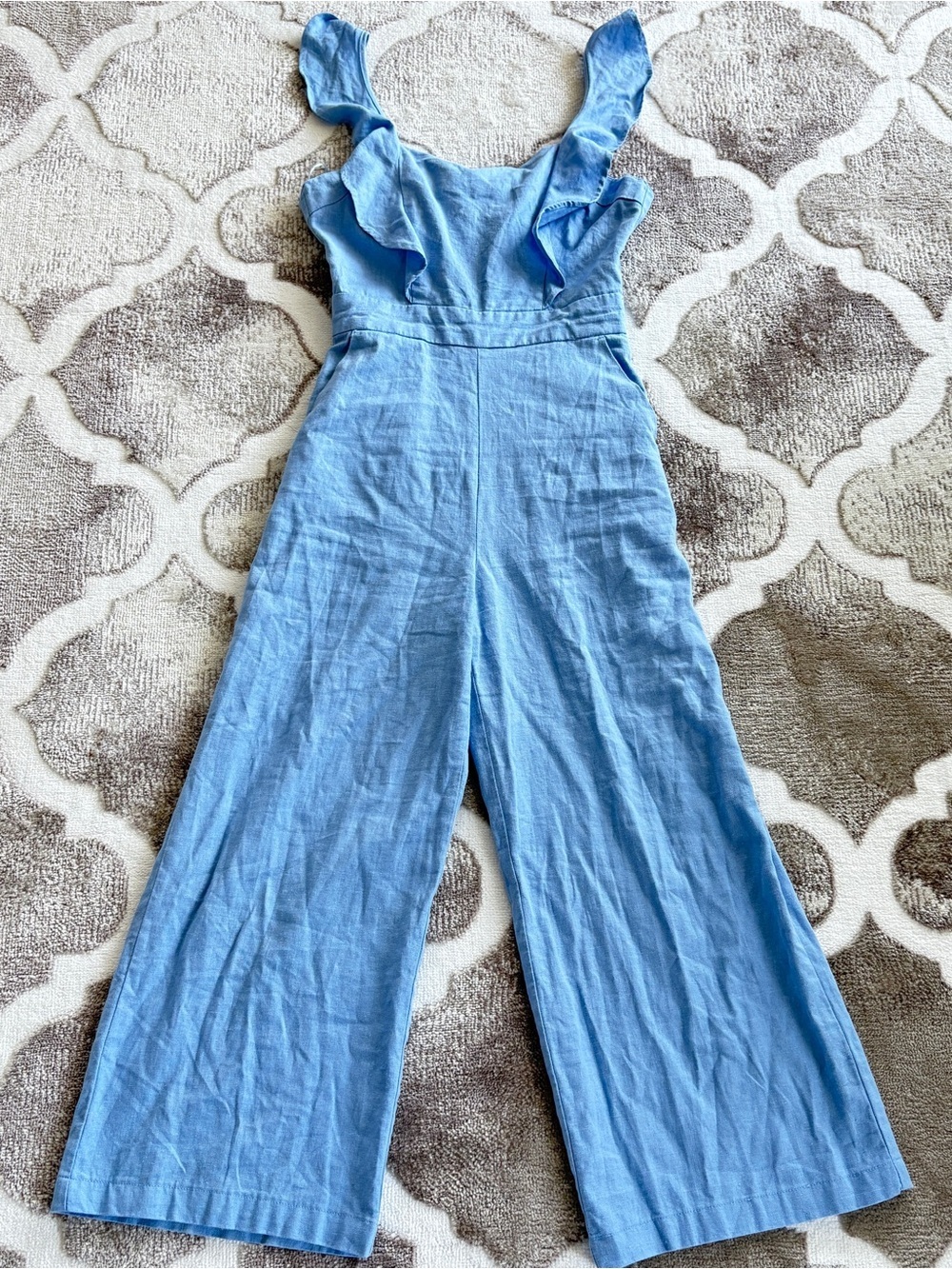 Dynamite Linen Light Blue Ruffle Jumpsuit Wide Legs Size XS
